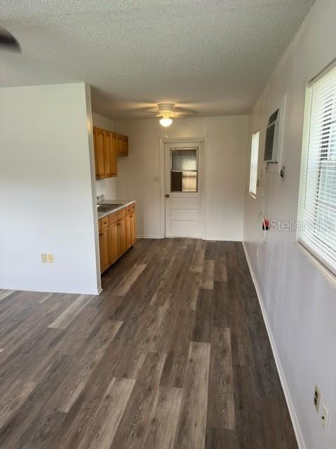 A kitchen with wood cabinets and wood-look flooring leads to a door with a window — 3648 MOUNT TABOR ROAD, LAKELAND, FL