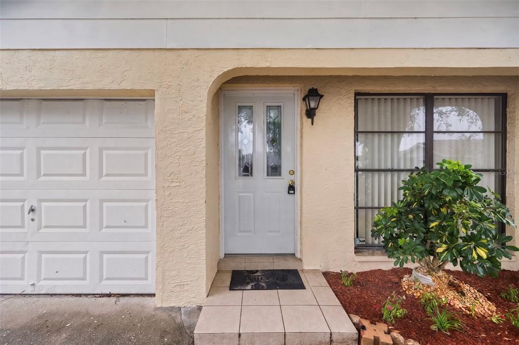 The exterior of a home features a white front door, a garage, and a window — 9403 AFTON COURT, TAMPA, FL