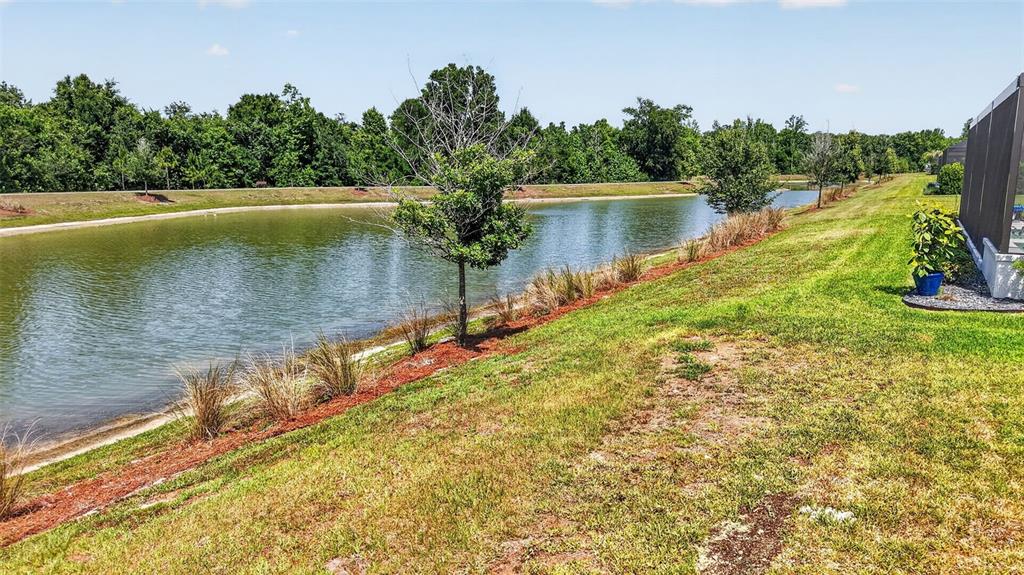A grassy backyard slopes down to a pond bordered by trees and a screened enclosure — 6857 BAYSINGER PATH, THE VILLAGES, FL