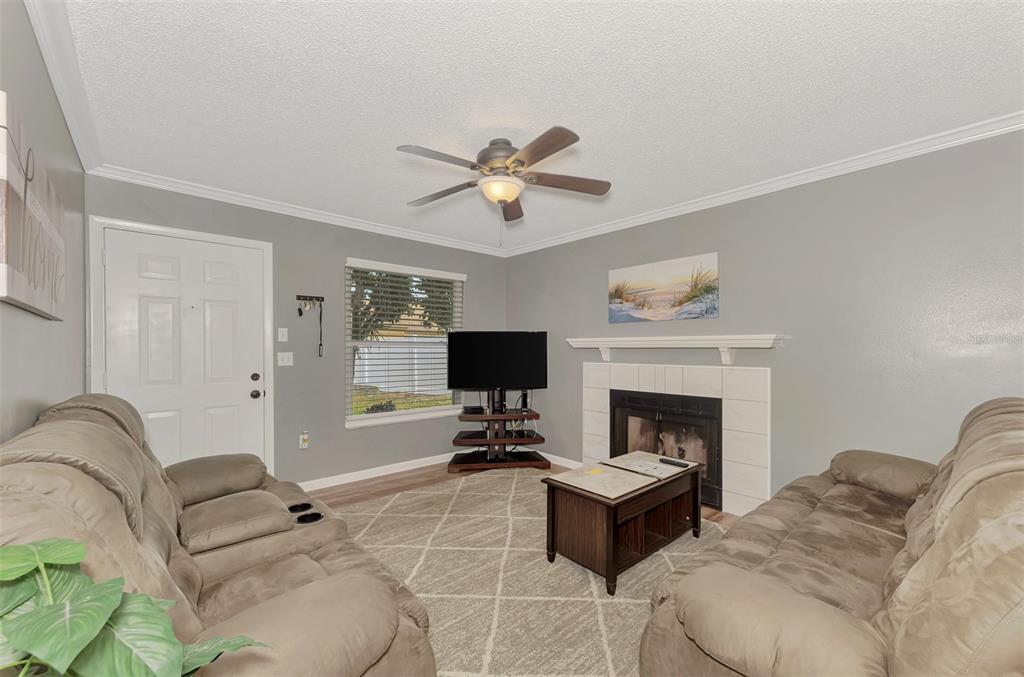 A living room features two brown sofas, a fireplace, a television, and a ceiling fan — 3802 59TH AVENUE W UNIT 4113, BRADENTON, FL