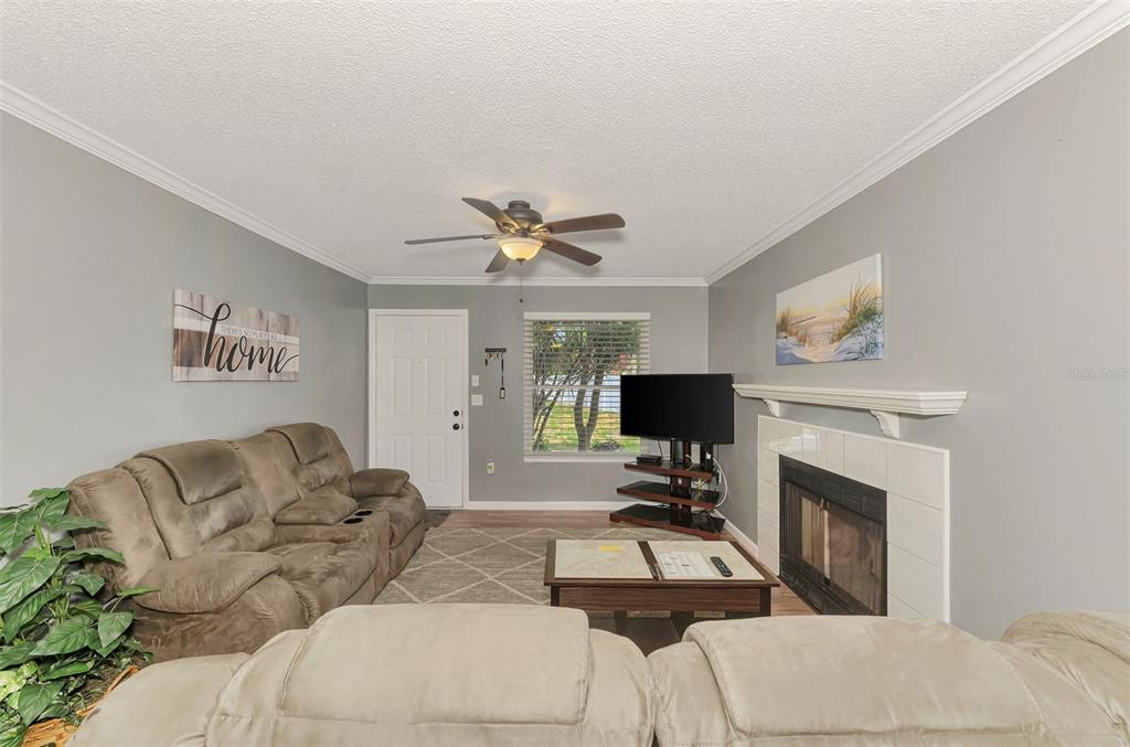 A living room features a fireplace, a brown sofa, a ceiling fan, and a window — 3802 59TH AVENUE W UNIT 4113, BRADENTON, FL