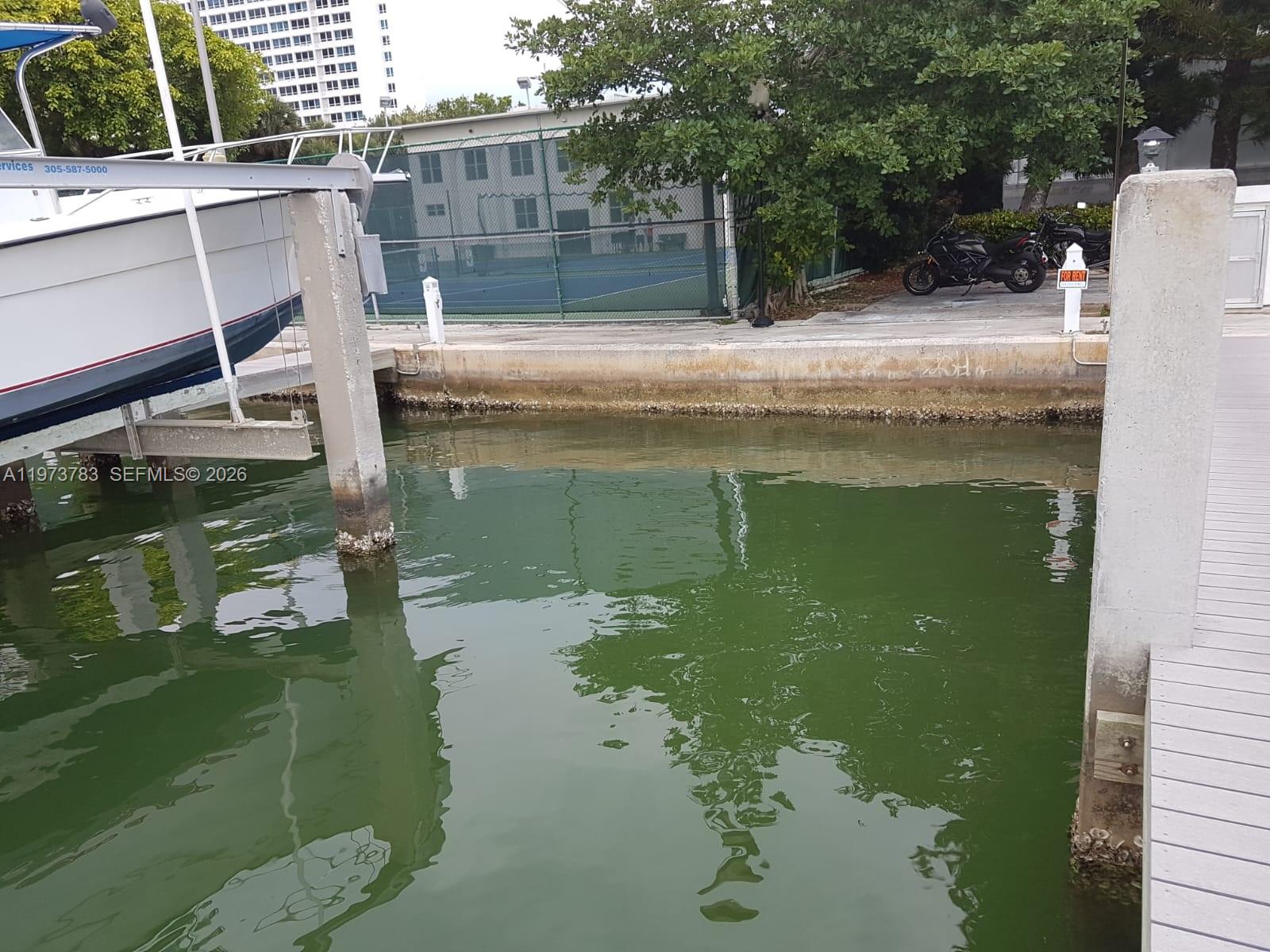 A boat on a lift sits next to a dock overlooking a green canal — 5401 Collins Ave #13-17, Miami Beach FL 33140, MIAMI BEACH, FL