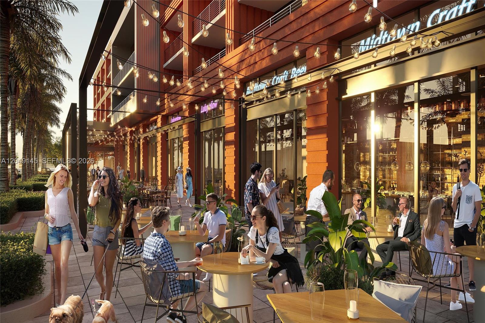 This is a rendering of an outdoor restaurant patio with tables and people walking by — 90 NE 32nd # 727, Miami FL 33127, MIAMI, FL