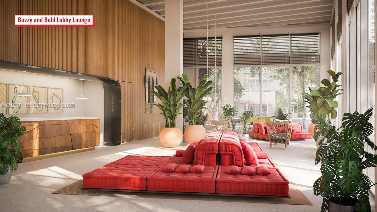 This rendering shows a modern lobby lounge featuring a large red modular sofa and plants — 90 NE 32nd # 727, Miami FL 33127, MIAMI, FL