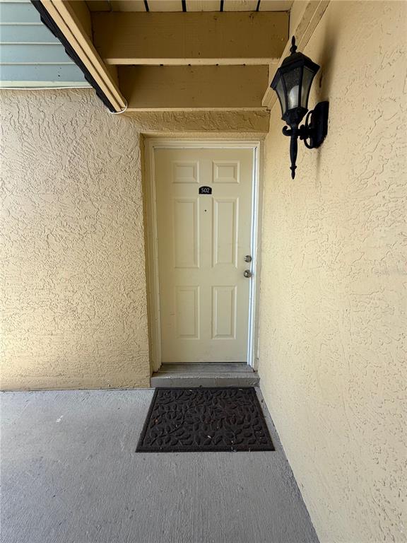 An exterior view of a beige apartment door labeled 502 with a black wall lamp — 502 GOLDEN RAINTREE PLACE, BRANDON, FL