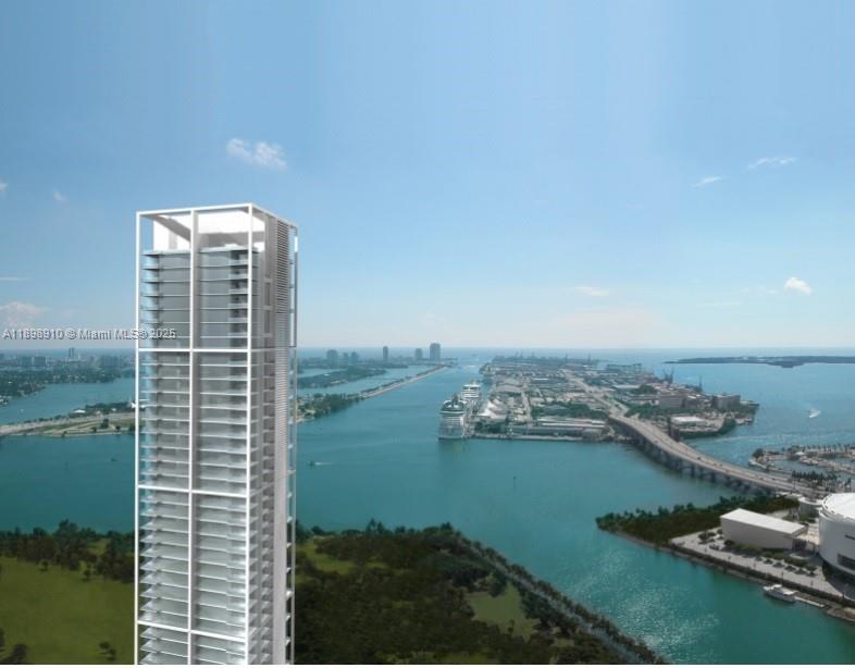This is a rendering of a modern high-rise tower overlooking a bay and city skyline — 1040 Biscayne Blvd # 1106, Miami FL 33132, MIAMI, FL