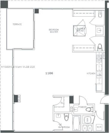 This floor plan shows a studio apartment layout with a kitchen, bathroom, and private terrace — 1040 Biscayne Blvd # 1106, Miami FL 33132, MIAMI, FL