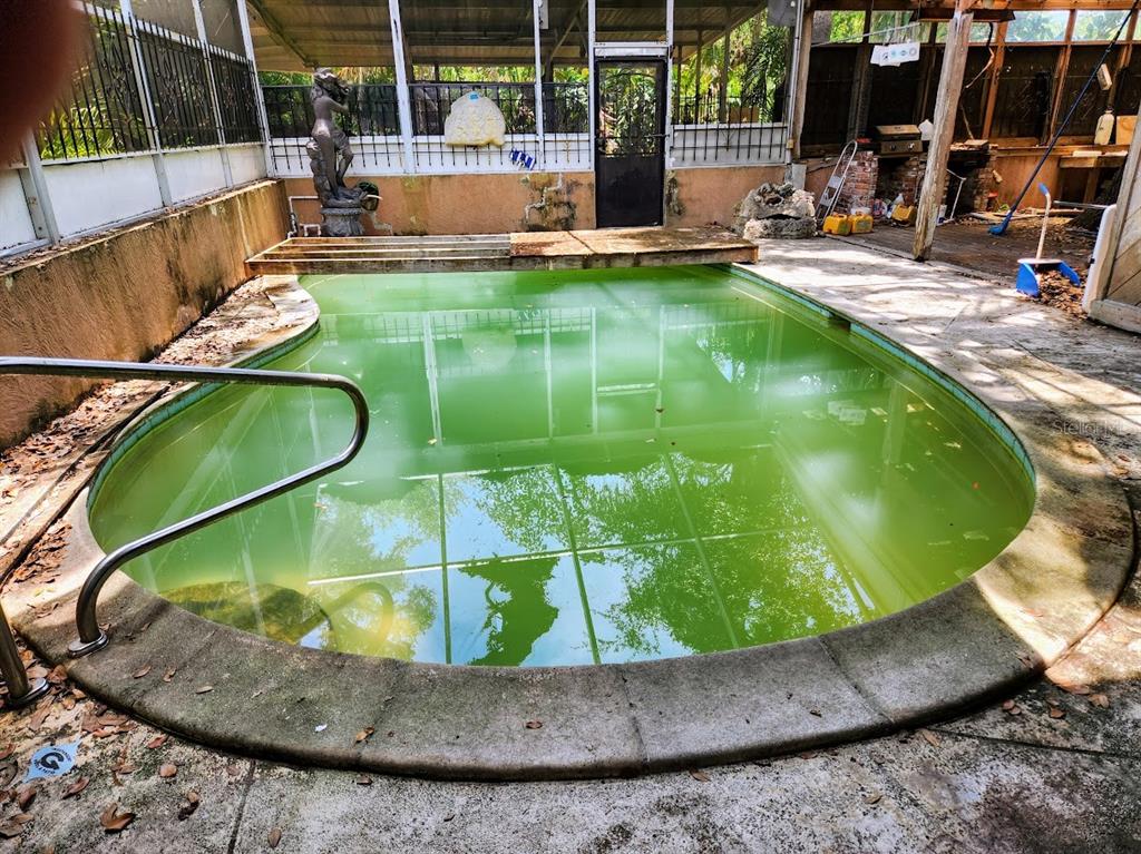 An outdoor swimming pool with green, stagnant water sits in a screened-in patio area — 286 SHAMROCK DRIVE, VENICE, FL