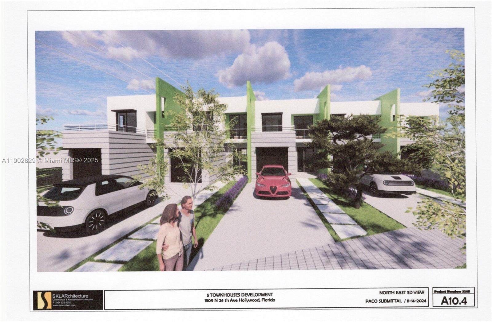 A 3D architectural rendering shows the exterior of a modern five-unit townhouse development — 1309 N 24th Ave, Hollywood FL 33020, HOLLYWOOD, FL