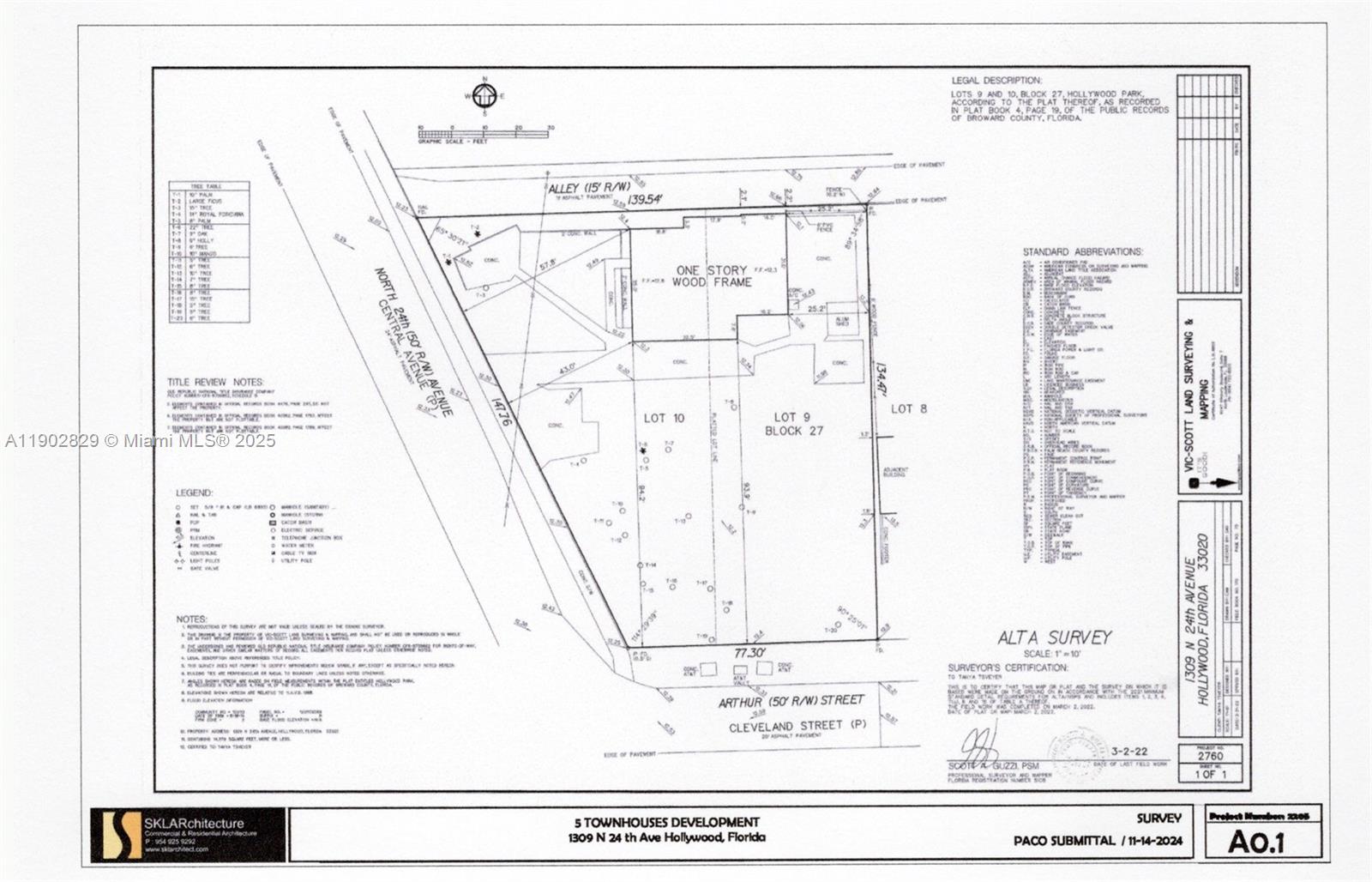 This is an ALTA survey map showing property boundaries, building footprints, and site details — 1309 N 24th Ave, Hollywood FL 33020, HOLLYWOOD, FL