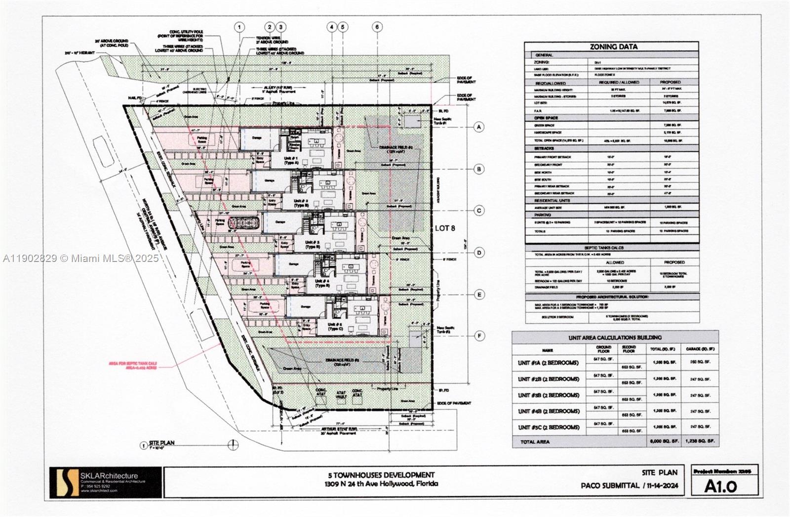 This is a site plan for a proposed five-townhouse development project — 1309 N 24th Ave, Hollywood FL 33020, HOLLYWOOD, FL
