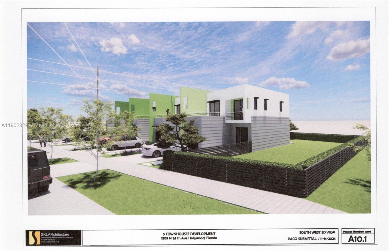 This is a 3D architectural rendering of a five-unit townhouse development with modern exterior styling — 1309 N 24th Ave, Hollywood FL 33020, HOLLYWOOD, FL