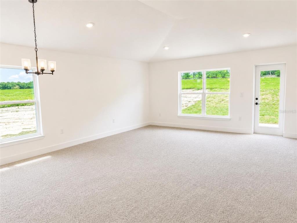 A bright, carpeted room with a vaulted ceiling, a chandelier, and views of a grassy field — 247 VERNY GROVE LANE, LEESBURG, FL