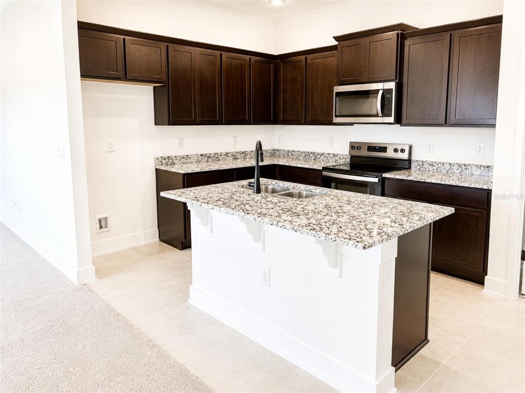 A kitchen features dark wood cabinets, granite countertops, a central island, and stainless steel appliances — 247 VERNY GROVE LANE, LEESBURG, FL