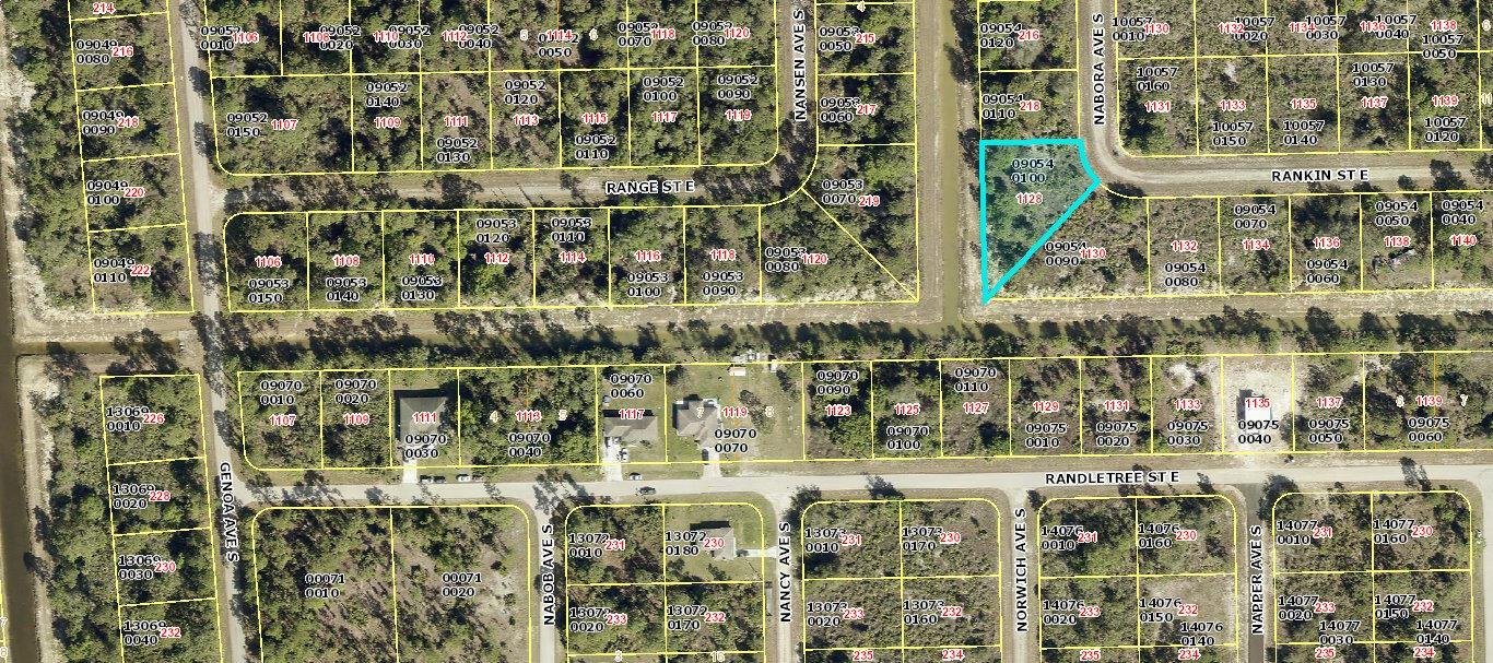 This is an aerial map showing residential land parcels and street layouts — 1128 Rankin, Lehigh Acres FL 33974, LEHIGH ACRES, FL