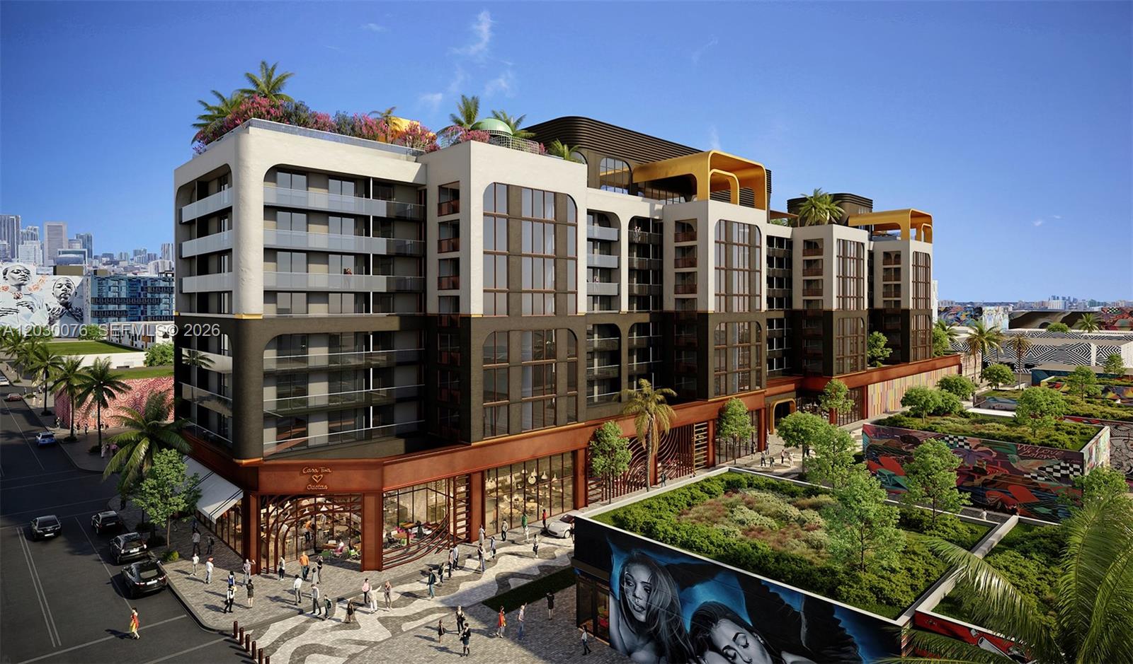 This is a digital rendering of a modern multi-story apartment building with street-level retail spaces — 2700 NW 2nd ave # 421, Miami FL 33127, MIAMI, FL