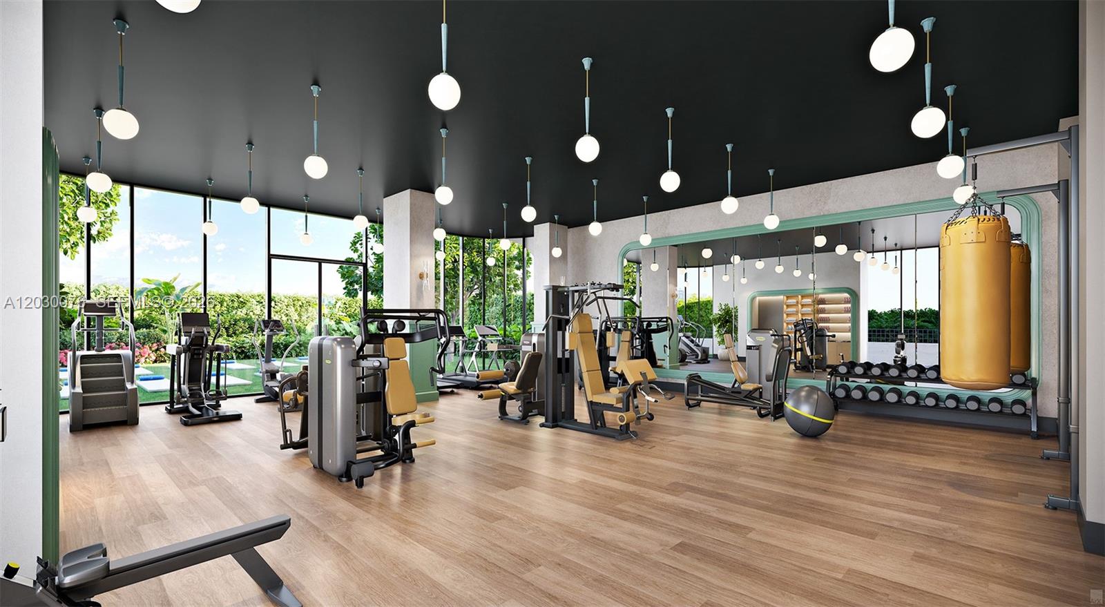 This rendering shows a modern gym with exercise machines, a punching bag, and large windows — 2700 NW 2nd ave # 421, Miami FL 33127, MIAMI, FL