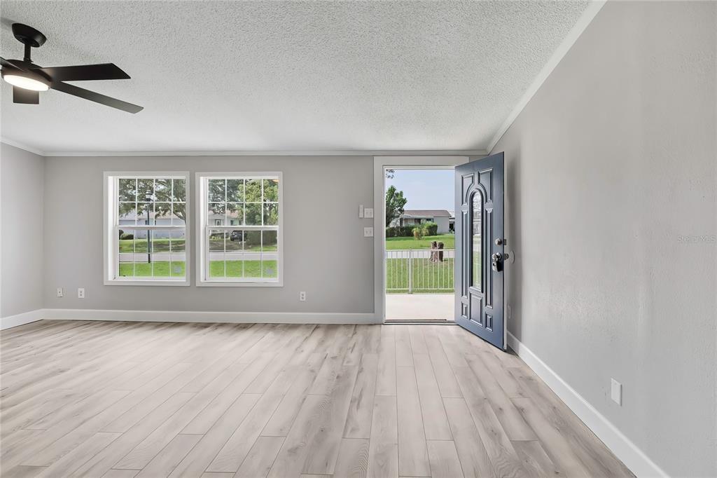 A living room with light gray walls, wood-look flooring, a ceiling fan, and an open door — 36125 WHITE FIR WAY, DADE CITY, FL