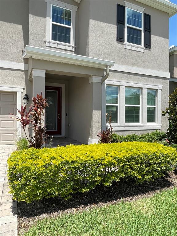 The exterior of a two-story beige house features a front door and a manicured hedge — 18036 RAMBLE ON WAY, LAND O LAKES, FL