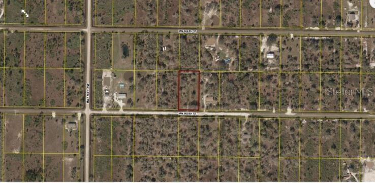 An aerial map view shows a rectangular property lot outlined in red among surrounding parcels — 17383 NW 264TH STREET, OKEECHOBEE, FL