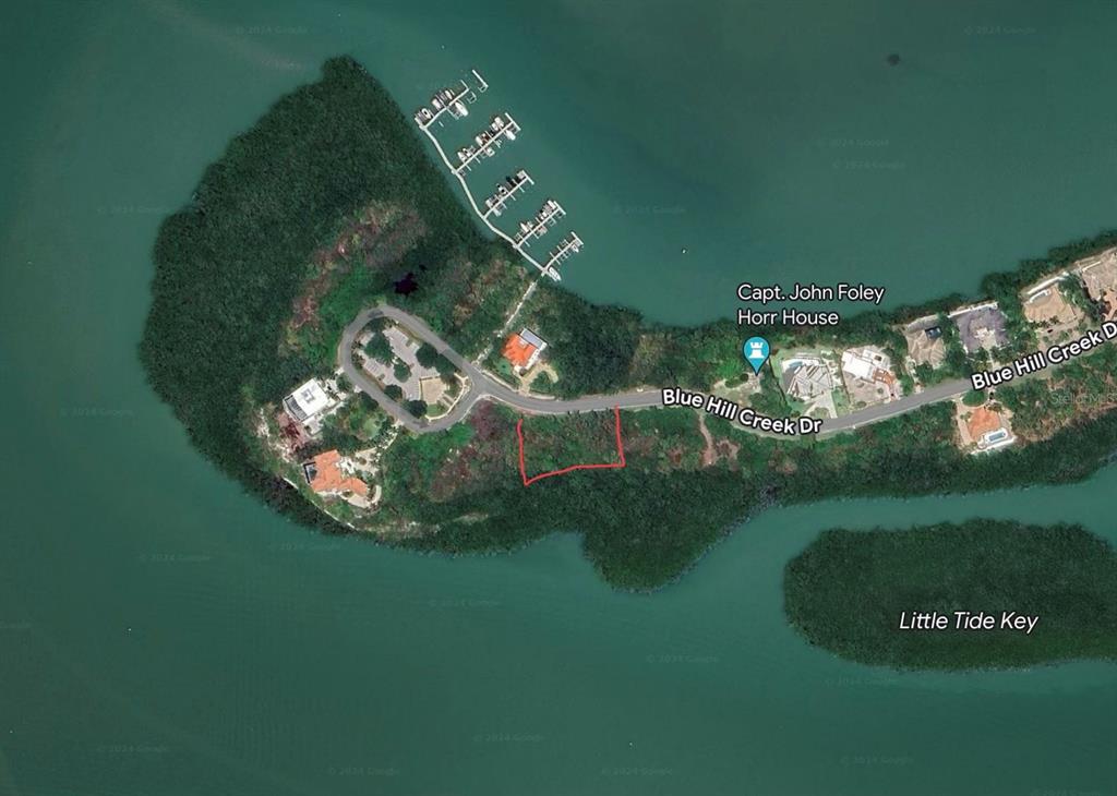 This satellite map shows a vacant, wooded lot outlined in red on a coastal peninsula — 1260 BLUE HILL CREEK DRIVE, MARCO ISLAND, FL