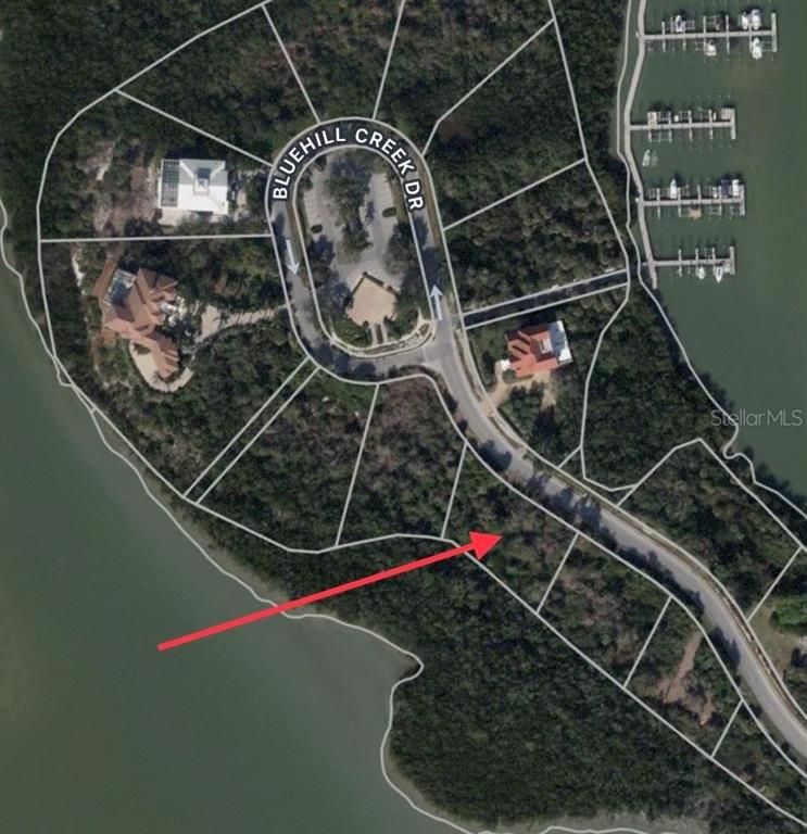 This is an aerial map showing a vacant waterfront lot marked with a red arrow — 1260 BLUE HILL CREEK DRIVE, MARCO ISLAND, FL