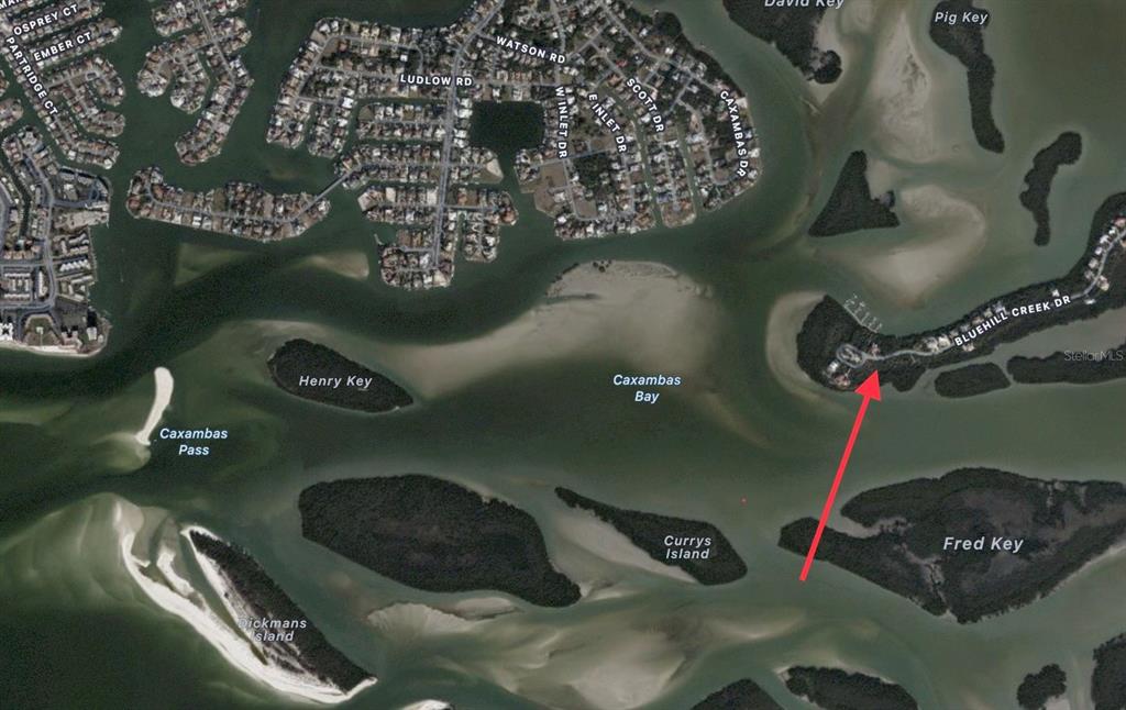 This is an aerial map showing residential streets and surrounding islands in Caxambas Bay — 1260 BLUE HILL CREEK DRIVE, MARCO ISLAND, FL