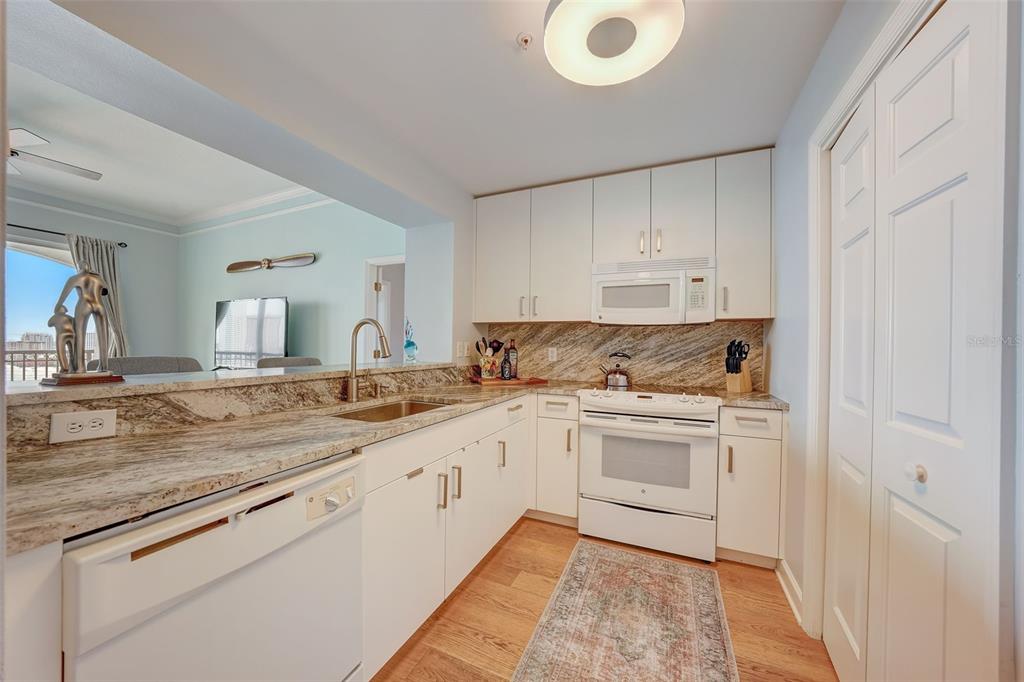 A kitchen features white cabinets, granite countertops, white appliances, and a wood floor — 345 BAYSHORE BOULEVARD UNIT GP06, TAMPA, FL
