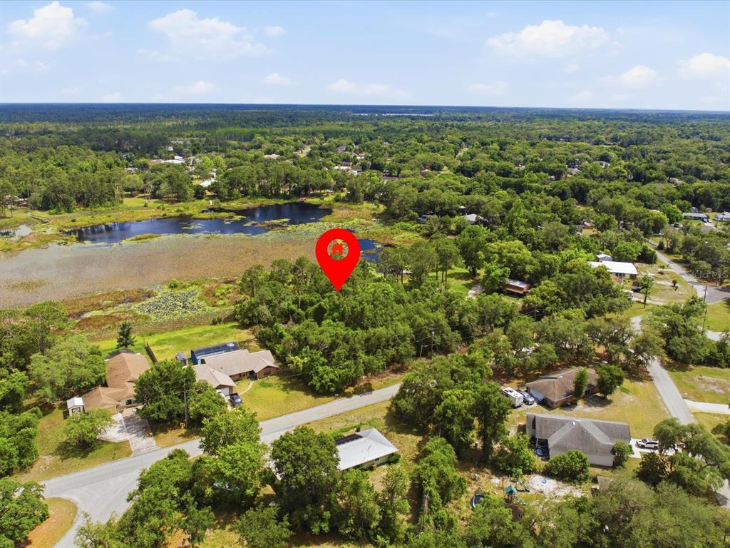 An aerial view shows a wooded residential lot marked with a red pin near water — W LAKE DRIVE, DELAND, FL