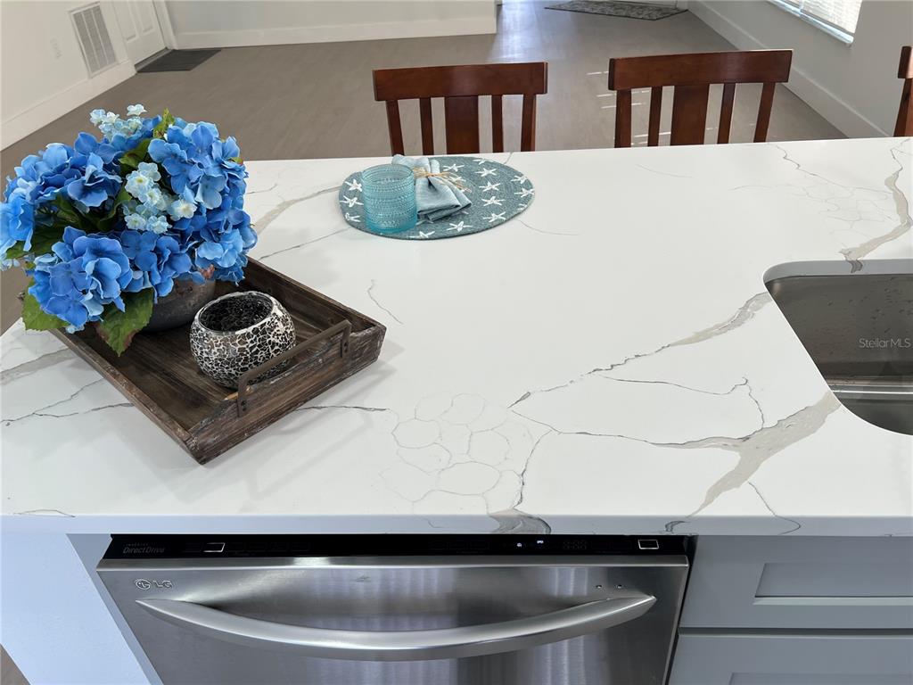 A kitchen island features a white quartz countertop, a stainless steel dishwasher, and decorative accents — 207 HIGH RIDGE DRIVE, DAVENPORT, FL