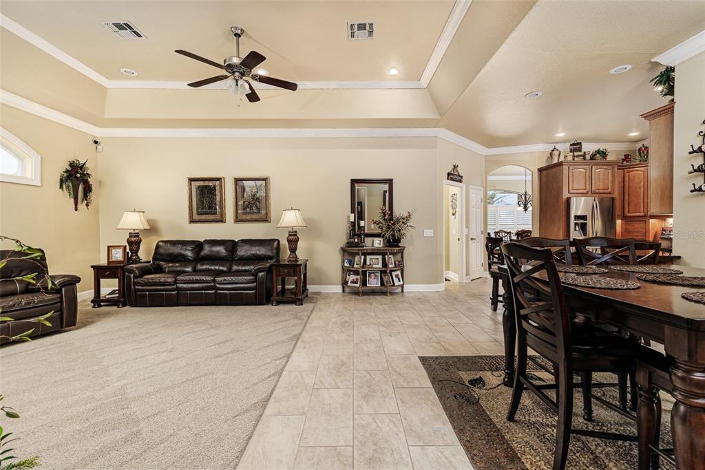A living room with carpet and tile flooring, a ceiling fan, and an adjacent kitchen — 1229 LAKE DEESON WOODS LANE, LAKELAND, FL