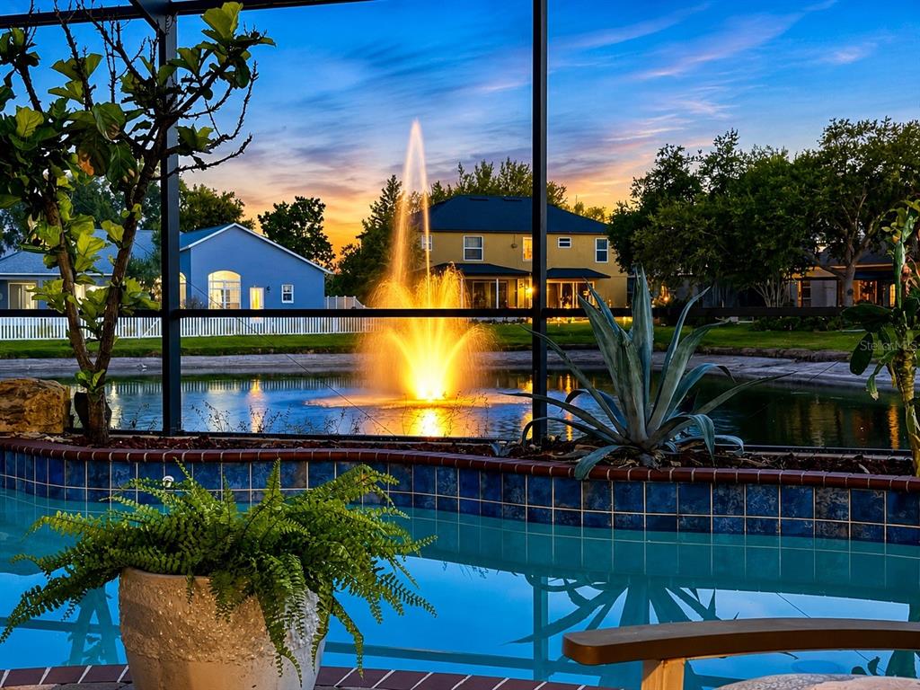 A view from a screened pool deck looking out at a pond with a fountain — 5128 HARTWELL LOOP, LAND O LAKES, FL