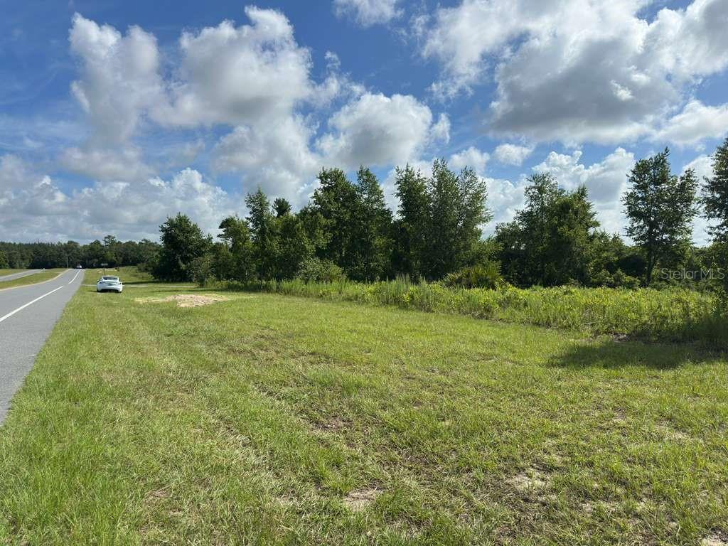 A grassy, undeveloped lot sits adjacent to a paved road under a cloudy blue sky — TBD MARION OAKS BOULEVARD, OCALA, FL