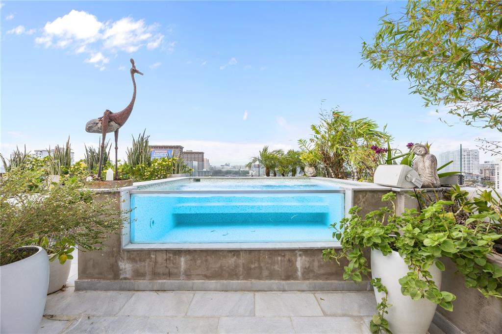 A rooftop swimming pool with a glass side wall surrounded by potted plants and sculptures — 1360 LUCHETTI STREET, CROWNE PLAZA UNIT PH, SAN JUAN, PR
