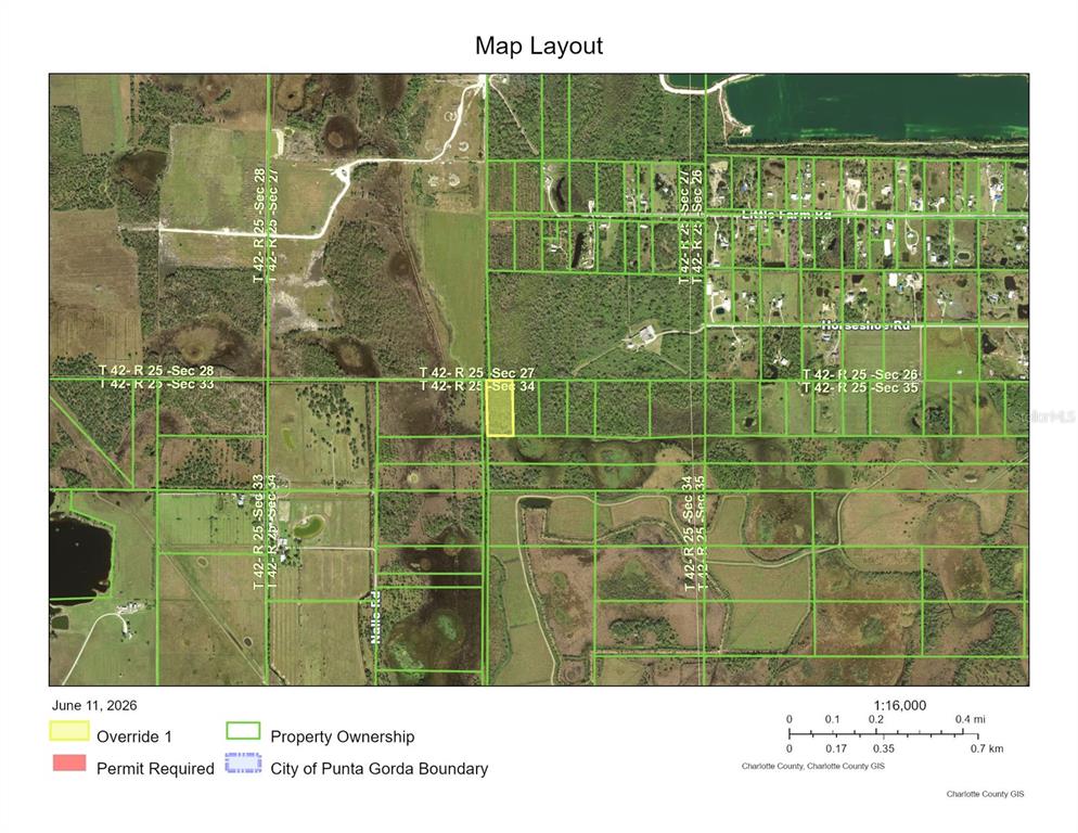 This is a map showing property ownership boundaries overlaid on an aerial view of land — 0 HORSESHOE ROAD, PUNTA GORDA, FL