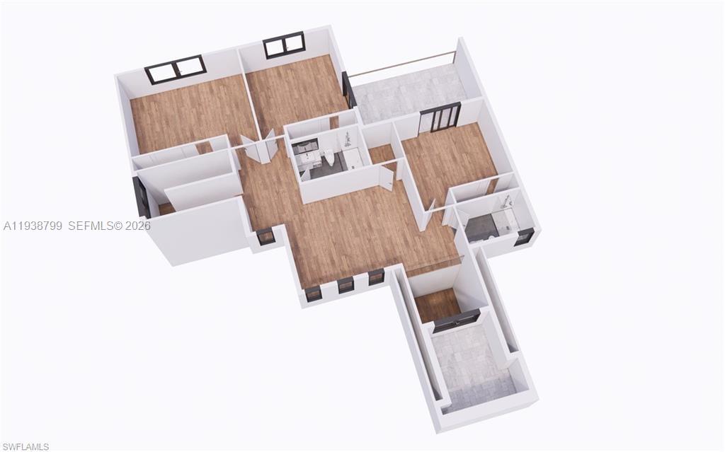 This is a 3D floor plan rendering of a residential unit with wood-look flooring — 654 Bamboo Ct, Marco Island FL 34145, MARCO ISLAND, FL