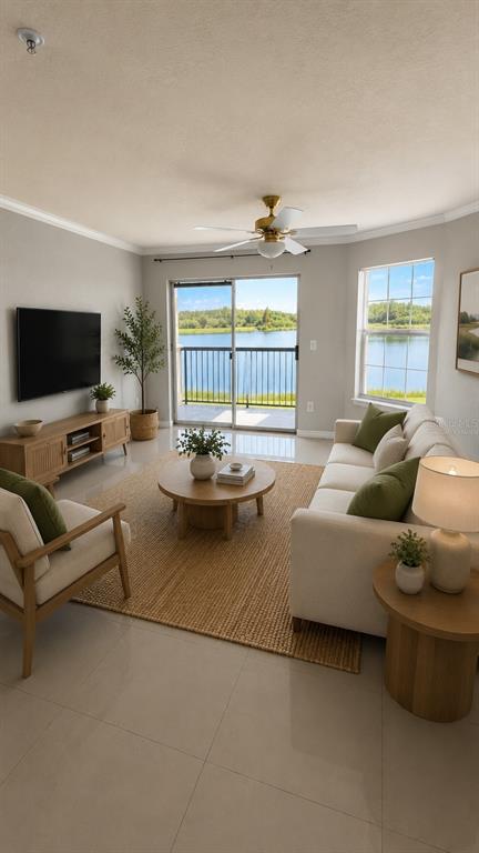 A living room features a beige sofa, armchair, round coffee table, and a lake view — 4209 WOODSTORKS WALK WAY UNIT 209, LUTZ, FL