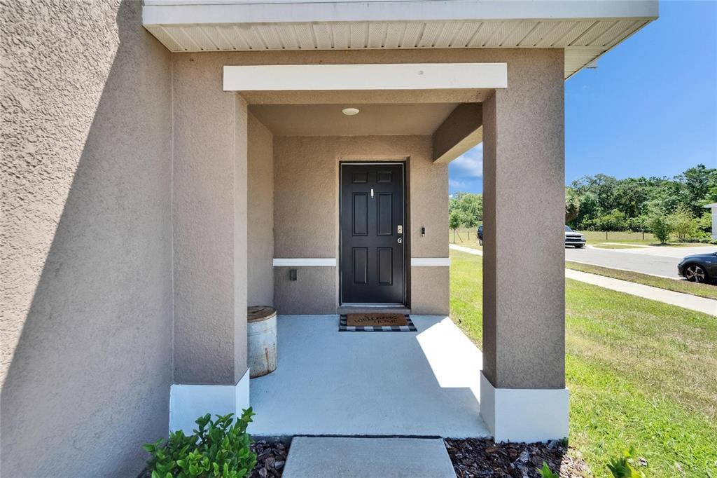 A covered concrete porch leads to a dark front door with a welcome mat — 16894 DELIA STREET, WIMAUMA, FL