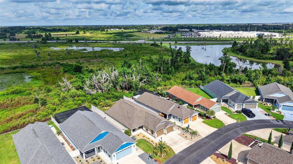 An aerial view shows several suburban houses with driveways bordering a pond and wooded area — 4686 HILES PLACE, THE VILLAGES, FL