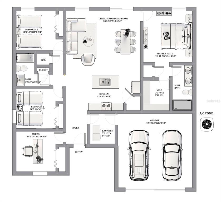 This floor plan shows a three-bedroom home with an attached garage and open living area — 8 LOCUST RUN PASS, OCALA, FL