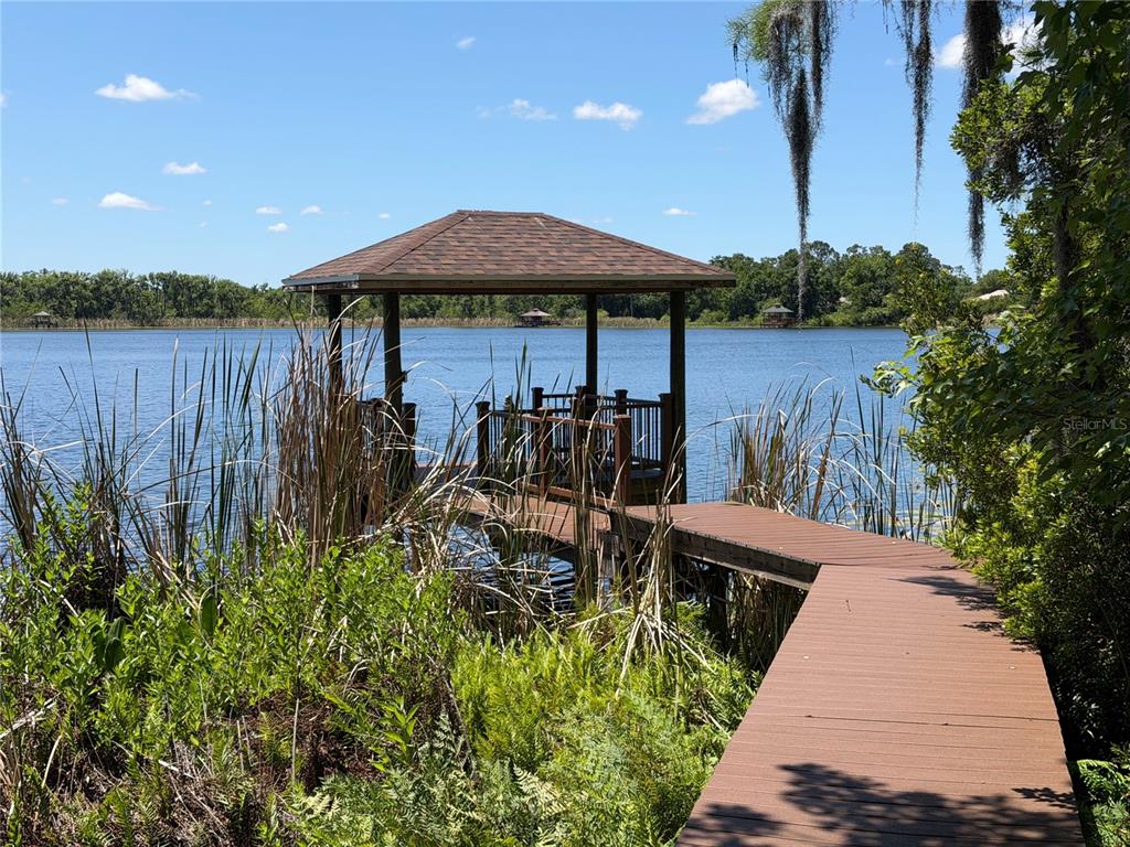 A wooden walkway leads to a covered gazebo on a lake surrounded by tall grass — 21430 DRAYCOTT WAY, LAND O LAKES, FL