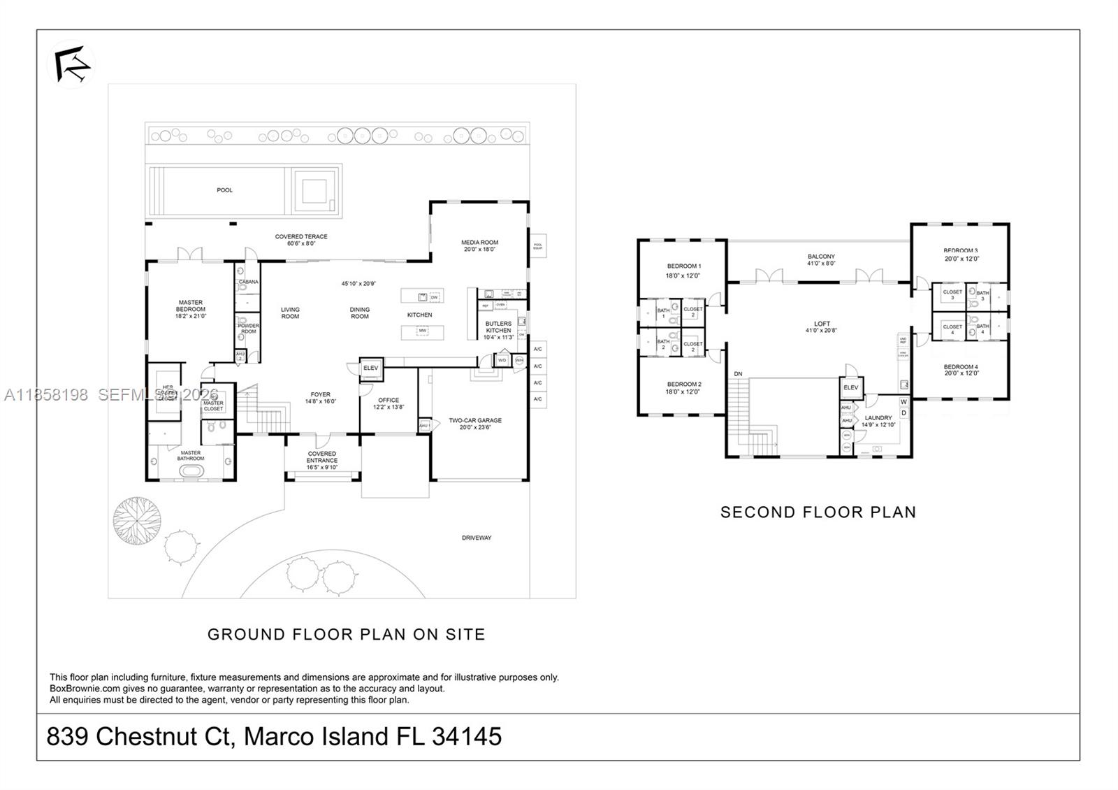 This is a floor plan showing the ground and second levels of a residential property — 839 Chestnut CT, Marco Island FL 34145, MARCO ISLAND, FL