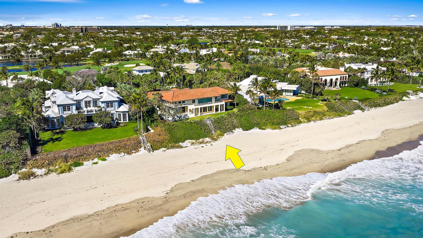 An aerial view shows luxury beachfront homes with private stairs leading down to the sand — 11800 Turtle Beach Road, North Palm Beach FL 33408, NORTH PALM BEACH, FL