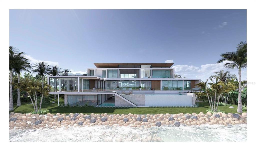 A digital rendering of a modern multi-story waterfront home with glass walls and a pool — 603 INDIAN BEACH LANE, SARASOTA, FL