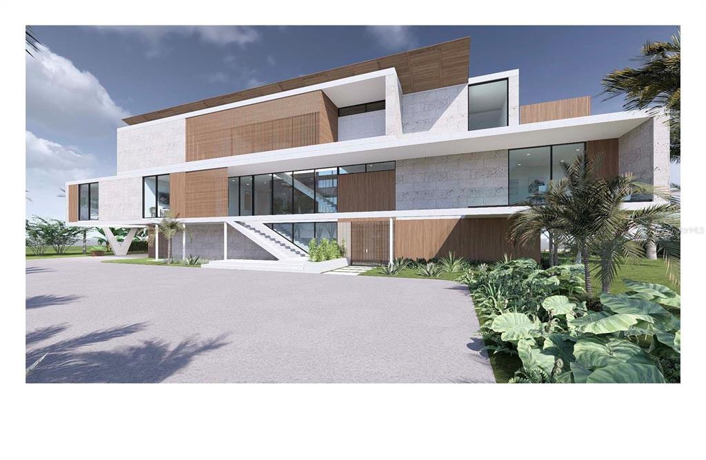A digital rendering of a modern two-story house with stone walls and wood-slat accents — 603 INDIAN BEACH LANE, SARASOTA, FL