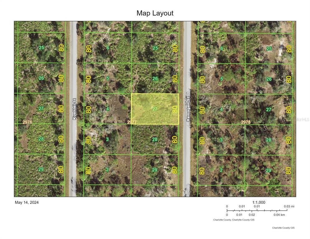 This is a map layout showing a highlighted parcel of land among surrounding residential lots — 2357 REMAGEN STREET, PORT CHARLOTTE, FL