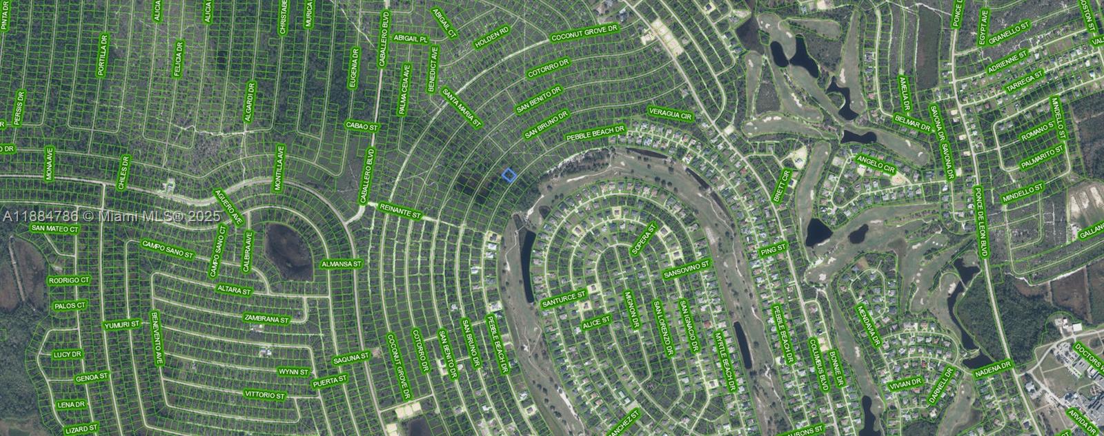 This is an aerial map view of a residential neighborhood with streets and houses — 5038 Pebble Beach Dr, Sebring FL 33872, SEBRING, FL