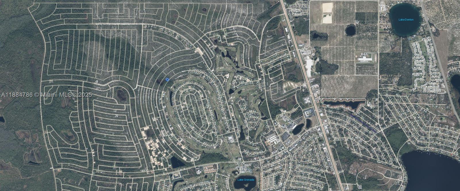 This is an aerial map view of a residential neighborhood with lakes and golf courses — 5038 Pebble Beach Dr, Sebring FL 33872, SEBRING, FL