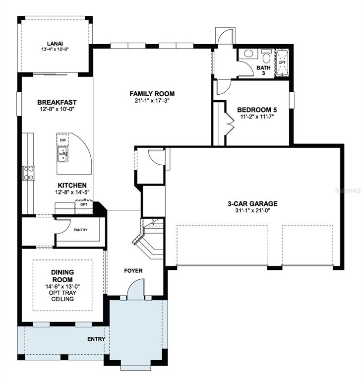 An unfinished kitchen area features a central island, tiled floors, and recessed ceiling lighting — 3209 WOLF LAKE AVENUE, APOPKA, FL
