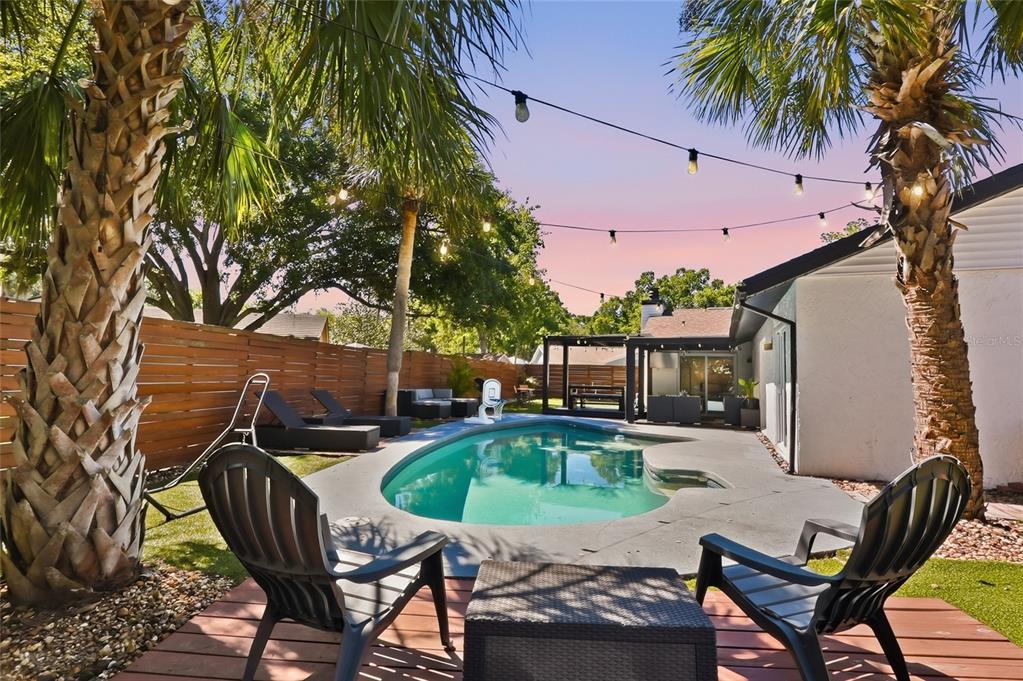 A backyard features a swimming pool, palm trees, string lights, and a wooden fence — 4606 BUCKEYE ROAD, TAMPA, FL